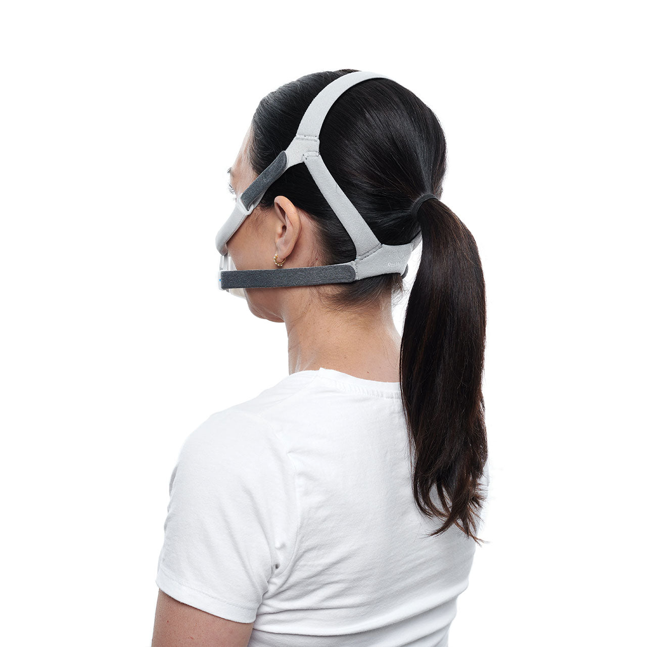 Back view of a women's head wearing the ResMed F40 mask